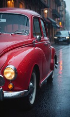 Vintage red car on a rainy street