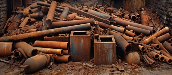 A heap of aged, corroded rectangular metallic tubes and containers is arranged on the ground near a building site. The rusted metal shows signs of wear and tear from exposure to the elements.