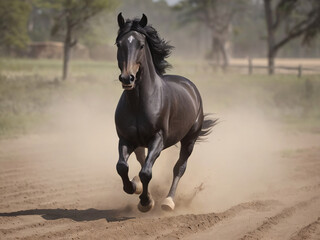 Obraz na płótnie Canvas Black horse galloping in a dirt field