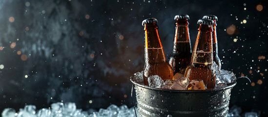 beer bottles in an ice bucket - obrazy, fototapety, plakaty