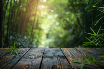 Empty wooden table with bamboo forest background with Blur effect 3