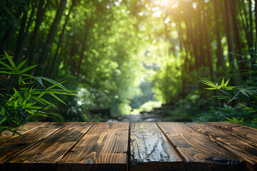 Empty wooden table with bamboo forest background with Blur effect 7