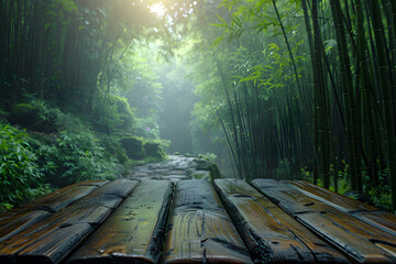 Empty wooden table with bamboo forest background with Blur effect 2