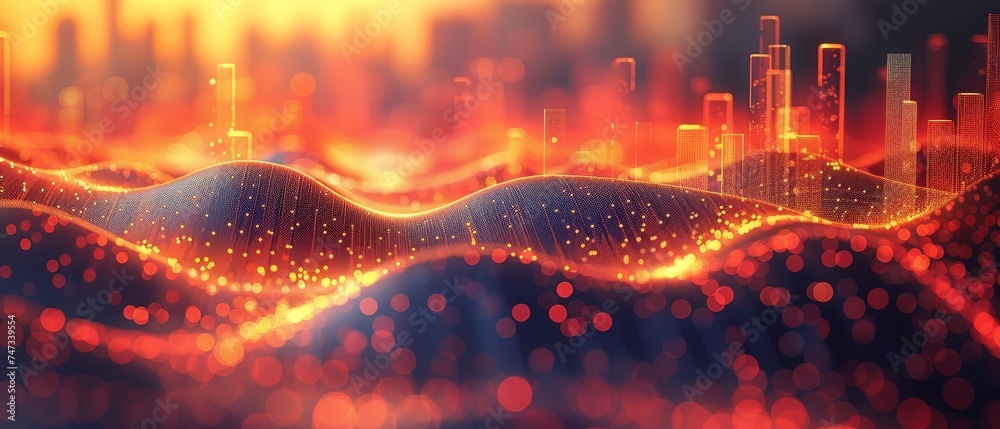 Poster An abstract dot point connects to a smart city and a gradient line with a wave line design that is intricate and represents the concept of big data connectivity.
