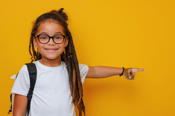 black little girl (10 years old, smile, looking at camera, white t-shirt, dreadlocks, glasses, backpack), pupil points with her finger to the side on yellow background, hand pointing empty place