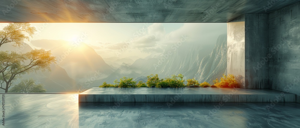 Leinwandbilder Rendering of an abstract futuristic architecture with concrete floors in 3D.