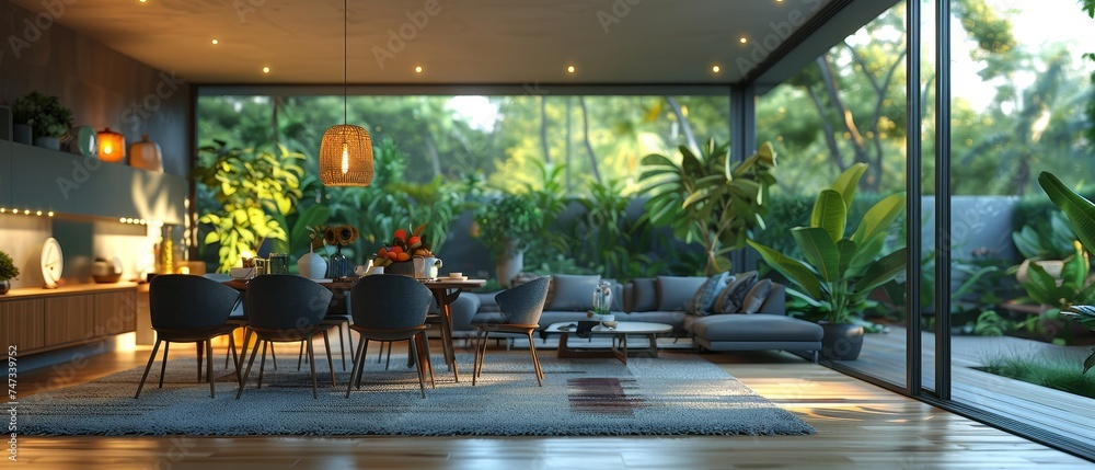 Poster Using apps on a mobile phone in a modern dining room with a smart home