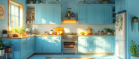 A blue kitchen interior with an island. A stylish kitchen with white countertops. A cozy, bright kitchen with utensils and appliances. A working area in the kitchen. 3D animation. 3D illustration.