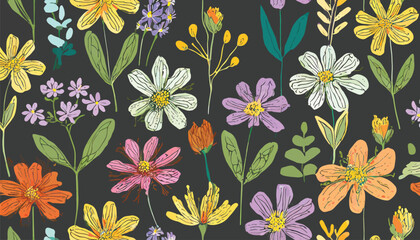 seamless pattern with garden flowers, vector drawing flowering plants at dark background, floral cover design, hand drawn botanical illustration