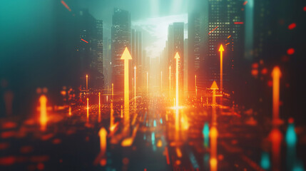 Abstract city with upward arrows and daylight. Double exposure. Finance concept.