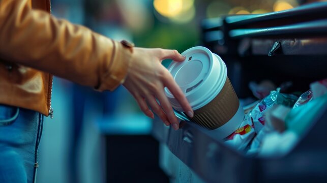 Closeup woman hand throwing empty paper coffee cup in recycling bin.