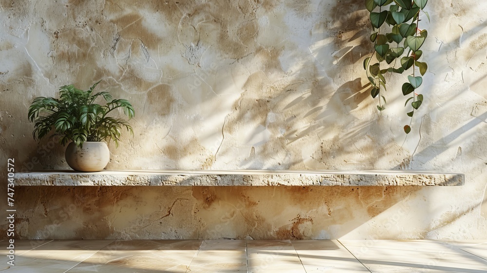 Aufkleber this mockup has an empty shelf on a beige textured plaster wall background with aesthetic floral sun