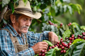 a coffee farmer inspecting ripe coffee cherries on a plantation, telling about the origin and cultivation of coffee.