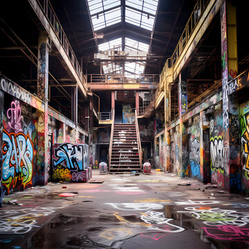 Graffiti-covered abandoned industrial building.