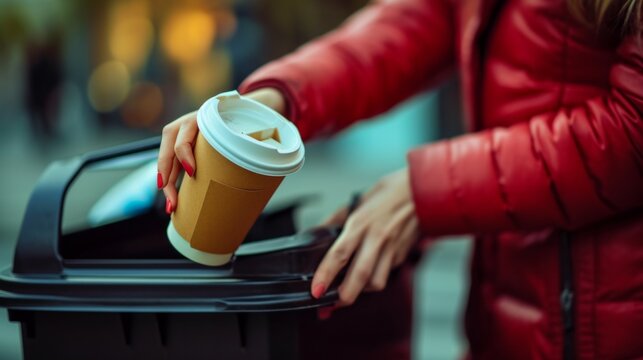 Closeup woman hand throwing empty paper coffee cup in recycling bin.