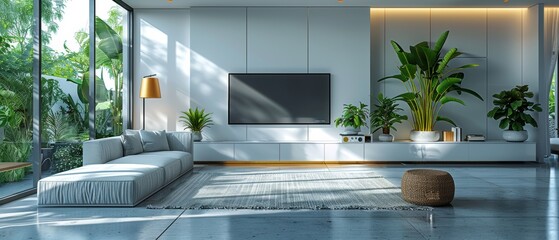 Stunning white living room with TV, cabinet, and gold lamp. 3D rendering of white living room in minimal style.