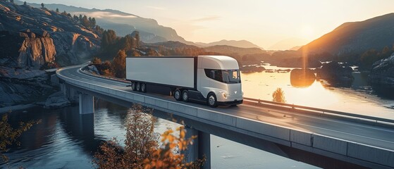 Automated semi-truck with a trailer, controlled by artificial intelligence. Cargo delivery, transportation of the future. Artificial intelligence. Self-driving. - obrazy, fototapety, plakaty