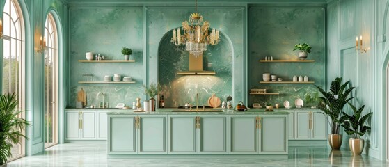 The 3D rendering shows a modern kitchen in pastel colors, with a splashback and green marble...