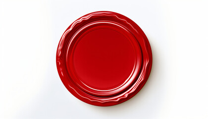 Blank red circular wax seal. Quality seal. Sealing wax. Wax stamp. White background. Isolated object. Graphic element. Space for own logo. Copy Space.
