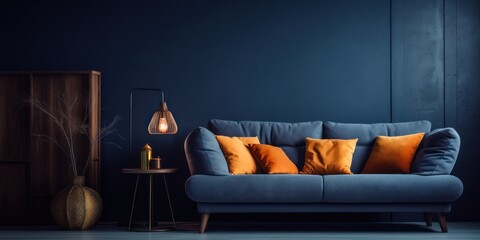 Blue Couch With Orange Pillows in Dark Room Generative AI