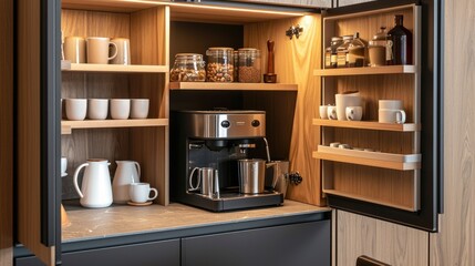 Modern kitchen cabinet with built-in espresso machine and assorted jars.