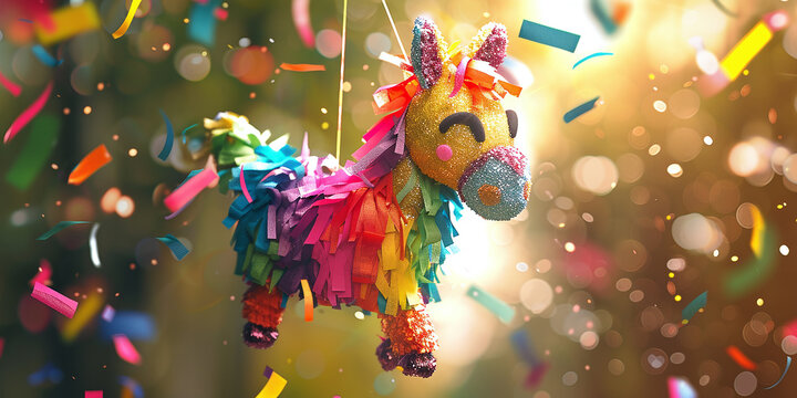 Colorful funny donkey piñata hanging on blurred background with falling confetti