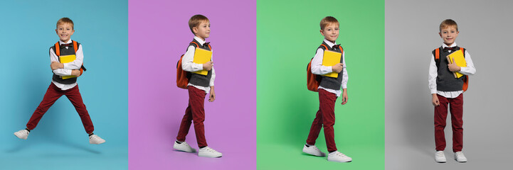 Schoolboy with backpack and books on color backgrounds, set of photos