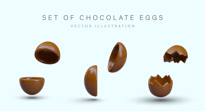 Set of chocolate egg halves of different types. Broken and cracked empty chocolate surprise