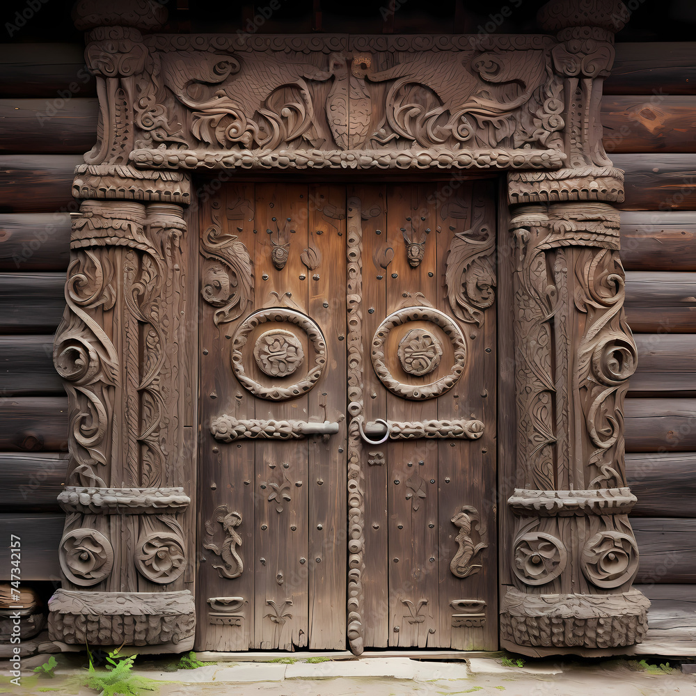 Wall mural rustic wooden door with intricate carvings.