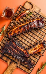 Fototapeta premium Roast Rack of lamb ribs, spareribs on grill. Orange background
