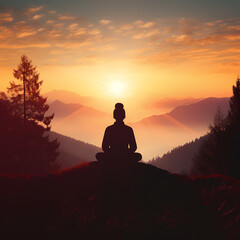 Silhouette of a person meditating on a hill at sunrise