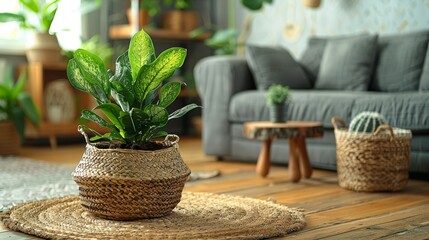 A wooden coffee table with houseplants and wicker basket is placed near a grey sofa in the living room