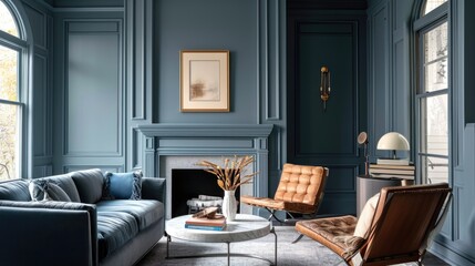 Elegant blue living room with plush velvet sofa, modern marble coffee table