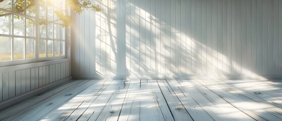 Sculpted 3D image of white interior and wood plank floor, sun light cast shadows on the wall, perspective of minimal design