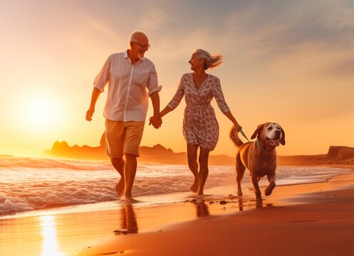 Senior Couple and Dog Enjoying Sunset Walk on Beach - Lasting Love and Life's Joys