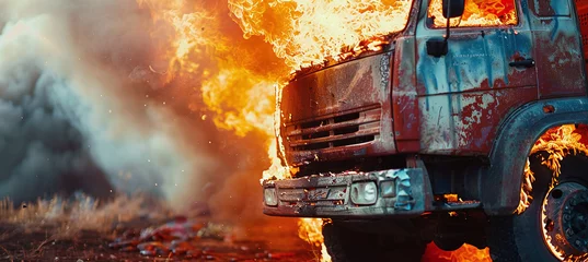 Fotobehang burning truck after a road accident © Oleksandr
