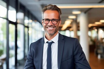 Fototapeta premium Smiling Corporate Executive in Elegant Suit - Professional Success and Happiness