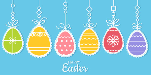 Easter poster. Colorful decorated openwork yellow Easter eggs hangs on bright blue background. Ribbon with decorations. Happy Easter inscription. Cut out Paper egg. Vector illustration