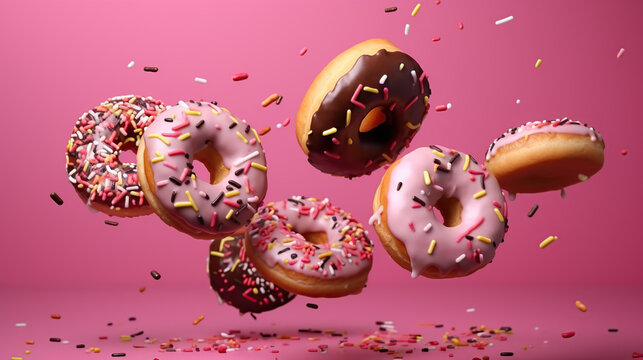 Delicious falling chocolate and pink donar photo background generative ai