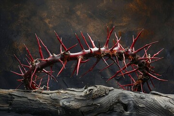 Explore the symbolic significance and intricate details of a crown of thorns in this realistic and professional photograph, capturing its artistic portrayal with depth and meaning. - obrazy, fototapety, plakaty