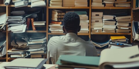 Weary Worker, Exhausted Man Sits Amidst Piles of Folders and Papers in Office, Viewed from Behind. - obrazy, fototapety, plakaty