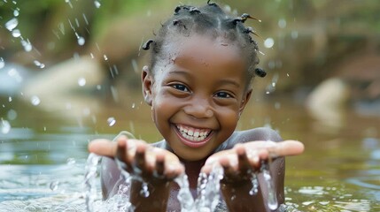 African kid with water. World Water Day concept - obrazy, fototapety, plakaty