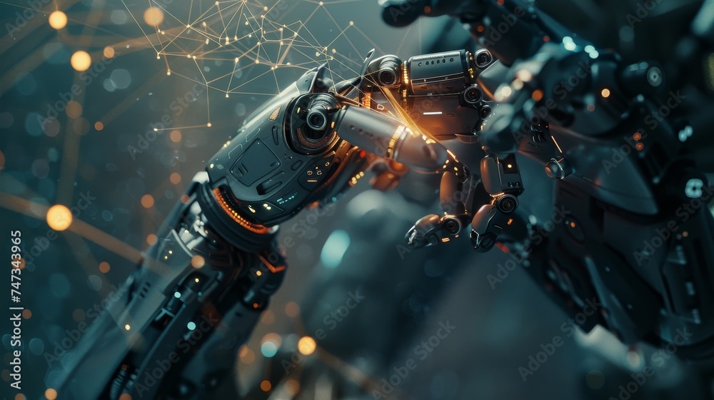 Poster Man is using tools such as artificial intelligence technology, smart robots, and innovations in the future for providing access to information and data online.