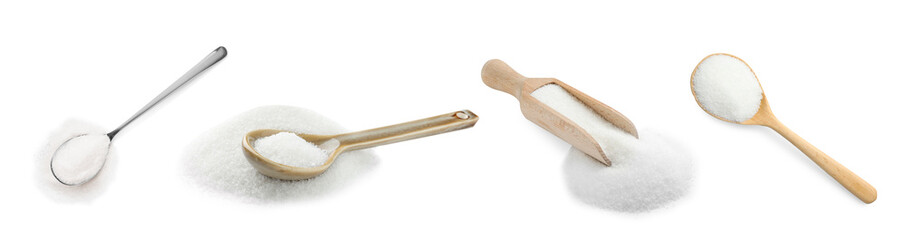 White granulated sugar isolated on white, set