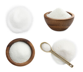 White granulated sugar isolated on white, set