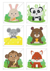 My first puzzle, education game for children. Kids logic development. Cute animals vector illustration. Jigsaw puzzle.