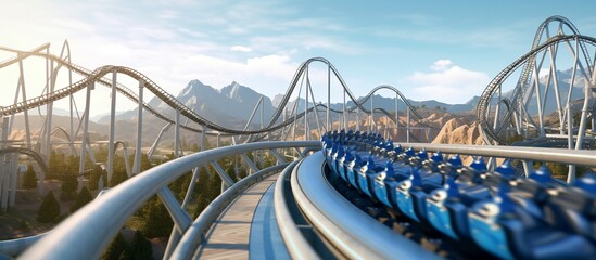 Fototapeta premium An extreme, adrenaline-pumping rollercoaster track against a backdrop of blue skies and snowy mountains