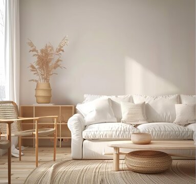Fototapeta Modern Living Room Interior Background with a Touch of Scandinavian Style, Presented in 3D Render. Made with Generative AI Technology