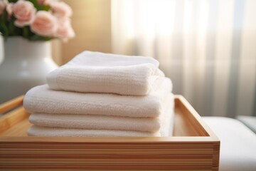 White Towels on Wooden Tray in Luxurious Setting for Spa and Hotel Marketing.
