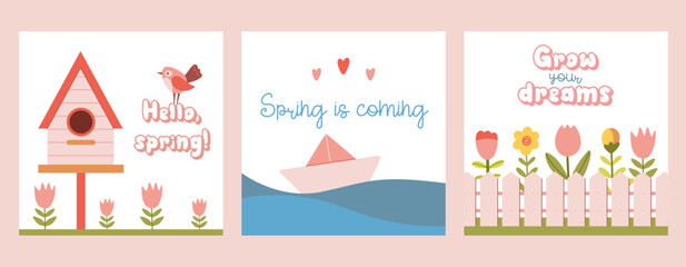 set of cute spring cards with flowers, birdhouse and elements. 